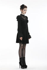 Black V-neck Long Sleeves Ruched Ruffled Lace Women's Lolita Gothic Velvet Dress - Product - 10