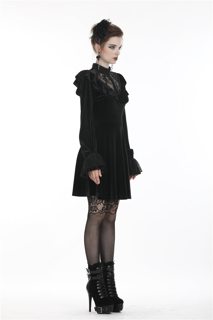 Black V-neck Long Sleeves Ruched Ruffled Lace Women's Lolita Gothic Velvet Dress - Product - 10