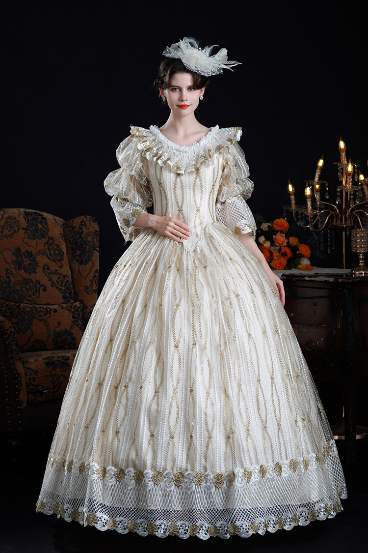 Champagne Long Puff Sleeves Ruffled Cut-Out Mesh Classic Vintage Palace Lolita Victorian Dress - Product - 8
