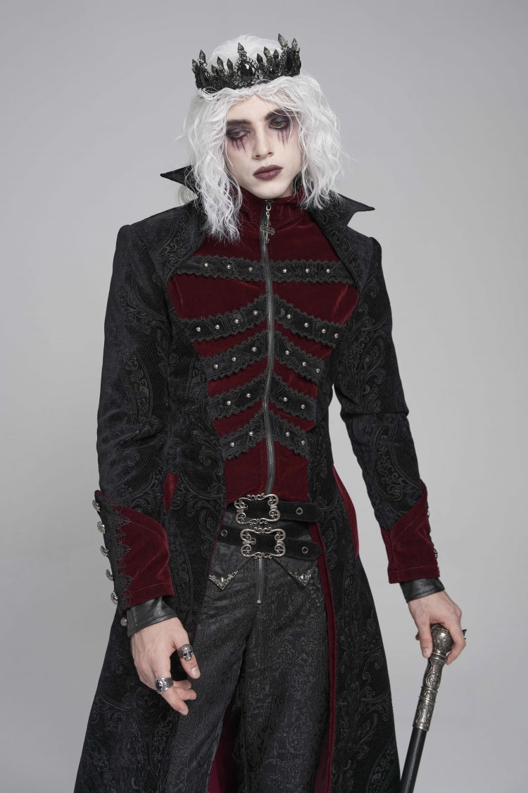 ブラック／レッド Diamante スタンドカラー 長袖プリント ジッパー付き メンズ ゴシック ロングコート 商品画像
