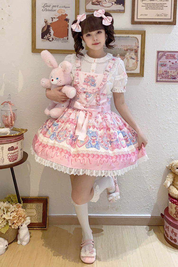 Milky Berry Bear Print Pink Bowknot Stitching Lace Sweet Lolita Strap Dress - Pink - 1
