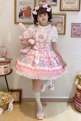 Milky Berry Bear Print Pink Bowknot Stitching Lace Sweet Lolita Strap Dress - Pink - 1