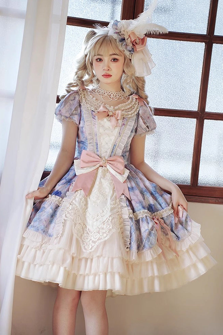 [Angel Heart Sky Oil Painting] Print Ruffle Cardigan Bowknot Sweet Princess Lolita Dress 3 Colors - Product - 3