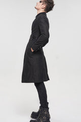 Black Punk Twill Imitation Leather Metal Pin Decoration Drawstring Design Long Men's Coat - Product - 7