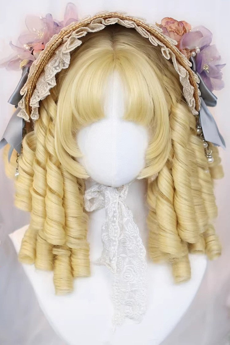 Pale Gold Ringlet Curls Lolita Wig Center Part with Blunt Bangs - Pale-Gold - 1