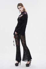 Black Cutout Flared Sleeved Floral Embossed Women's Gothic Shirt - Product - 7