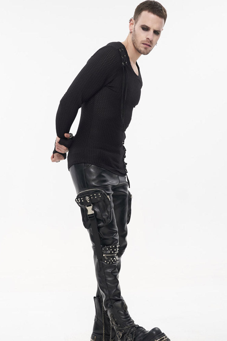 Black Punk Leather Metal Rivets Zipper Stereoscopic Side Pockets Men's Pants - Product - 10