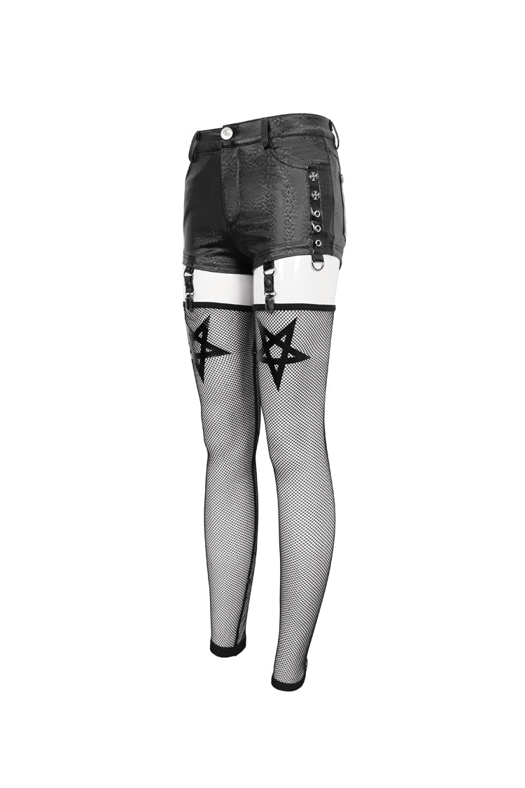 Black Faux Leather Pentagram With Stockings Women's Punk Shorts - Product - 9
