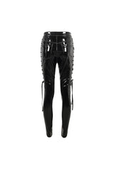 Black Patent Leather Side Cutout Lace Up Women's Punk Pants - Product - 10