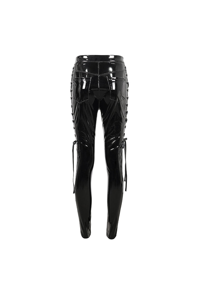 Black Patent Leather Side Cutout Lace Up Women's Punk Pants - Product - 10