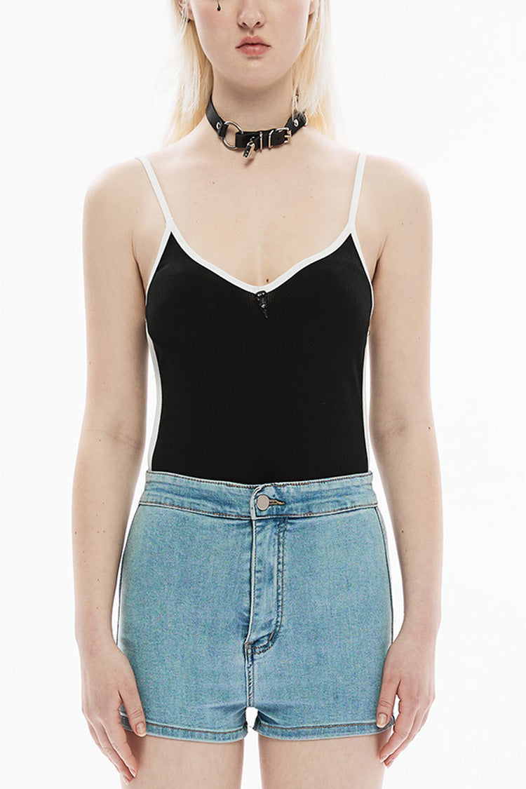 Black Stitching Skull Decorative Buckle Women's Punk T-Shirt - Black - 1