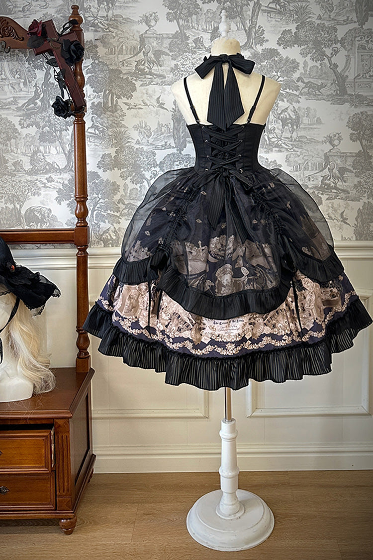 Black [The Mystery of The Doll] Halterneck Print Ruffle Bowknot Drawstring Gothic Lolita Dress - Product - 17