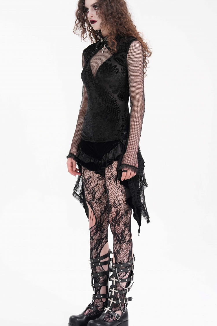 Black Stand Collar Hollow Embroidery Lace Women's Gothic Blouse - Product - 4