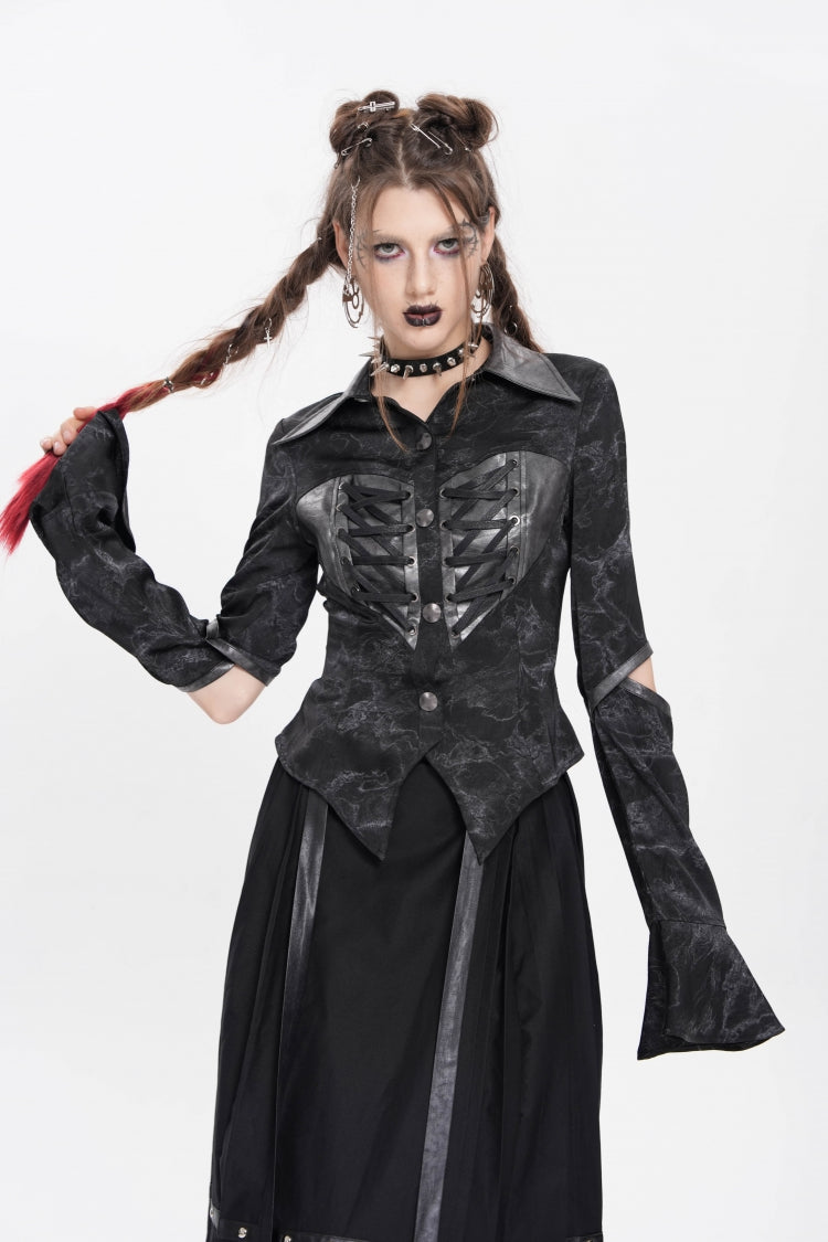 Black Lapel Collar Long Sleeves Print Lace-Up Cutout Women's Punk Blouse - Product - 3