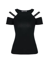 Black Off Shoulder Straps Short Sleeves Cut-Out Women's T-Shirt - Product - 3