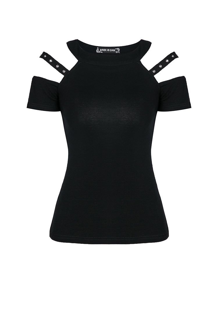 Black Off Shoulder Straps Short Sleeves Cut-Out Women's T-Shirt - Product - 3