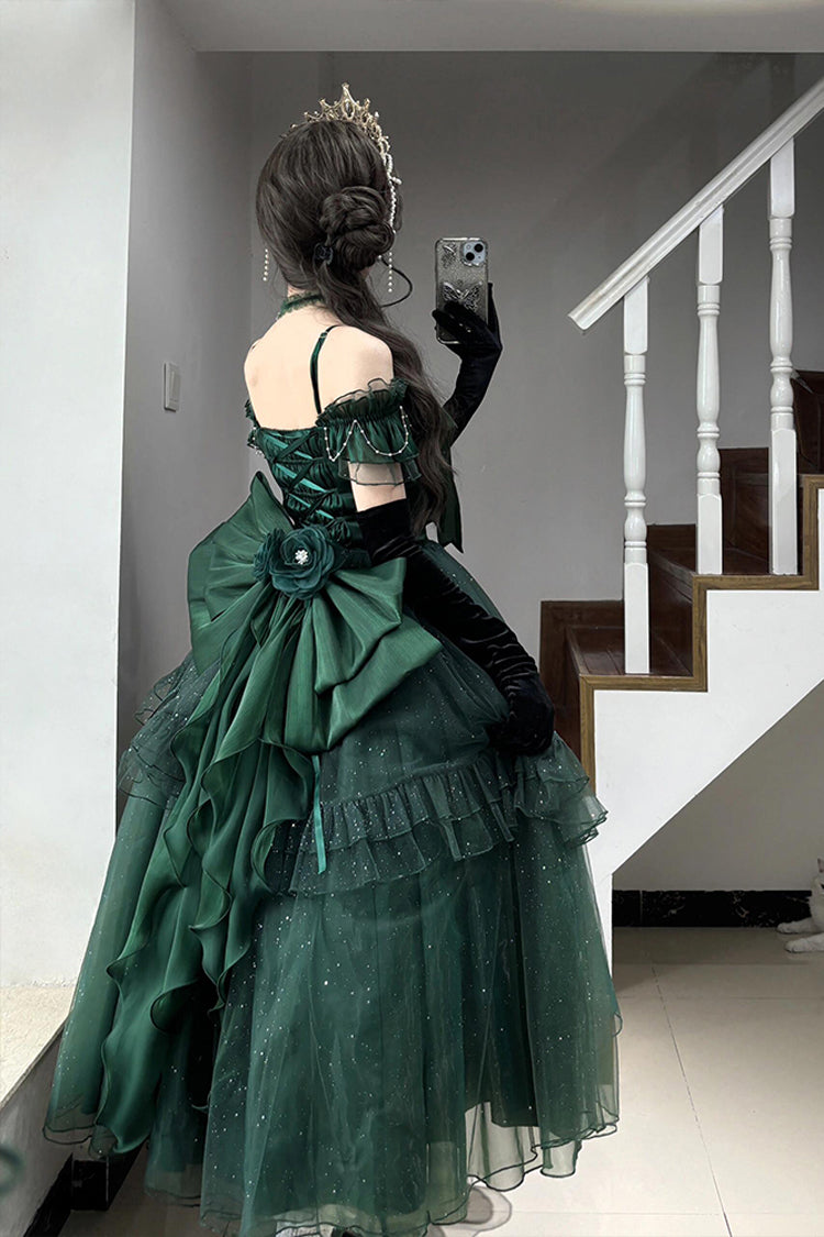 Green [Bright Stars] Off Shoulder Ruffle Bowknot Asymmetric Sweet Elegant Princess Lolita Dress - Product - 6