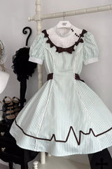 Light Green [Mint Prescription] Stand Collar Short Sleeves Vertical Stripe Printed Bow Sweet Lolita Nurse Dress - Product - 3