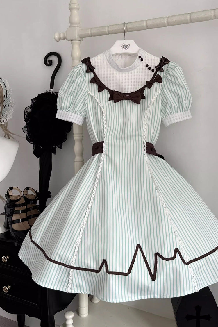 Light Green [Mint Prescription] Stand Collar Short Sleeves Vertical Stripe Printed Bow Sweet Lolita Nurse Dress - Product - 3