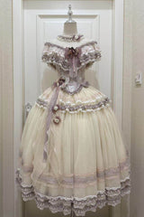 Purple [Wisteria Poem] Sleeveless Ruffled Cut-Out Embroidered Bow Lace Sweet Lolita Two-piece Skirt Set - Purple - 1