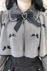 Grey Lapel Collar Long Sleeves Bowknot Sweet Japanese Jirai Kei Blouse Coat - Product - 5
