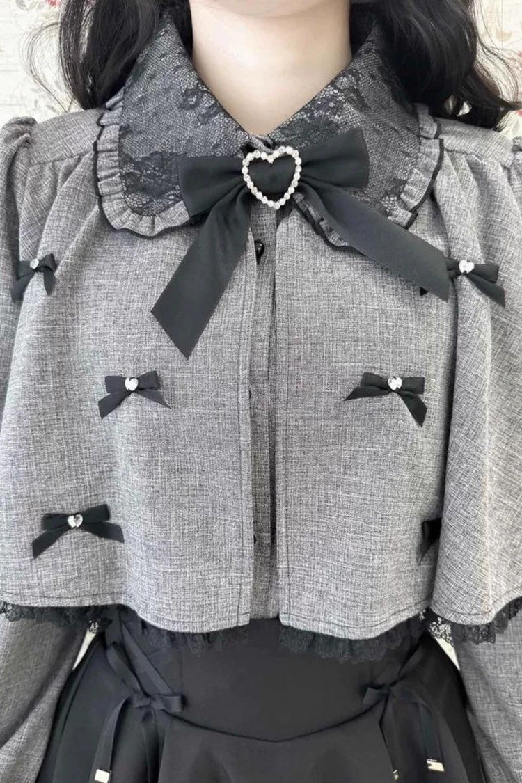 Grey Lapel Collar Long Sleeves Bowknot Sweet Japanese Jirai Kei Blouse Coat - Product - 5