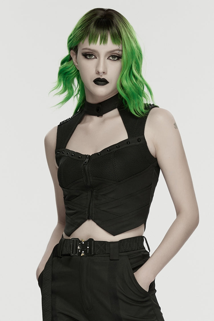 Black Sleeveless Cut-Out Studded Mechanical Women's Punk Tank Top - Product - 2