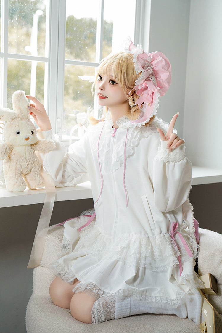 White Rabbit Ears Hooded Bowknot Lace Sweet Lolita Coat Set - Product - 6
