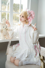 White Rabbit Ears Hooded Bowknot Lace Sweet Lolita Coat Set - Product - 6
