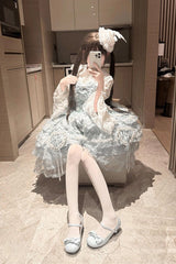 Blue [Sweetheart Diary] Multi-Layered Ruffle Hanayome Embroidery Bowknot Lace Sweet Lolita Jsk Dress - Product - 6