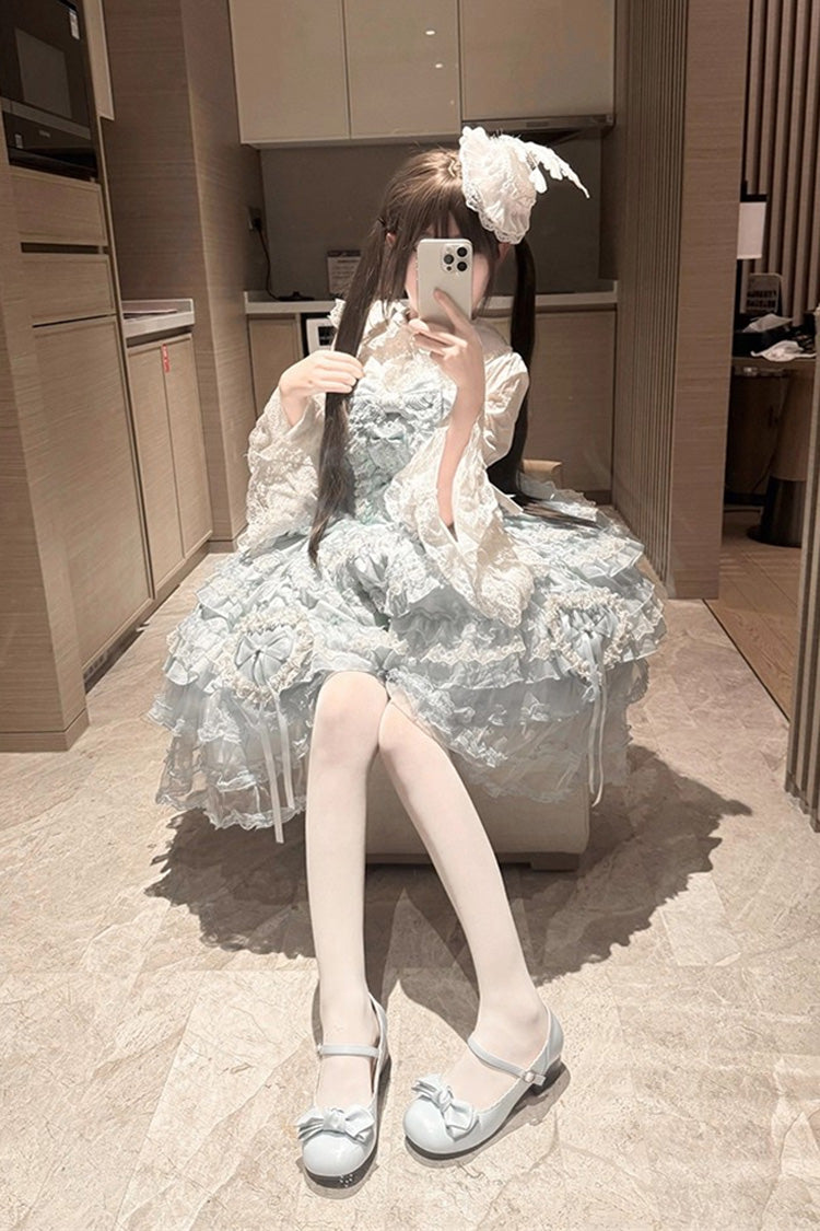 Blue [Sweetheart Diary] Multi-Layered Ruffle Hanayome Embroidery Bowknot Lace Sweet Lolita Jsk Dress - Product - 6