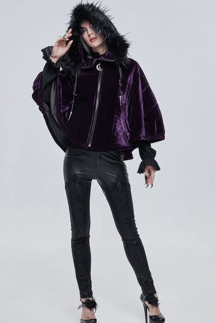 Purple Gothic Quilted Velvet Collar Crescent Pendant Zipper Warm Women's Shawl - Product - 5