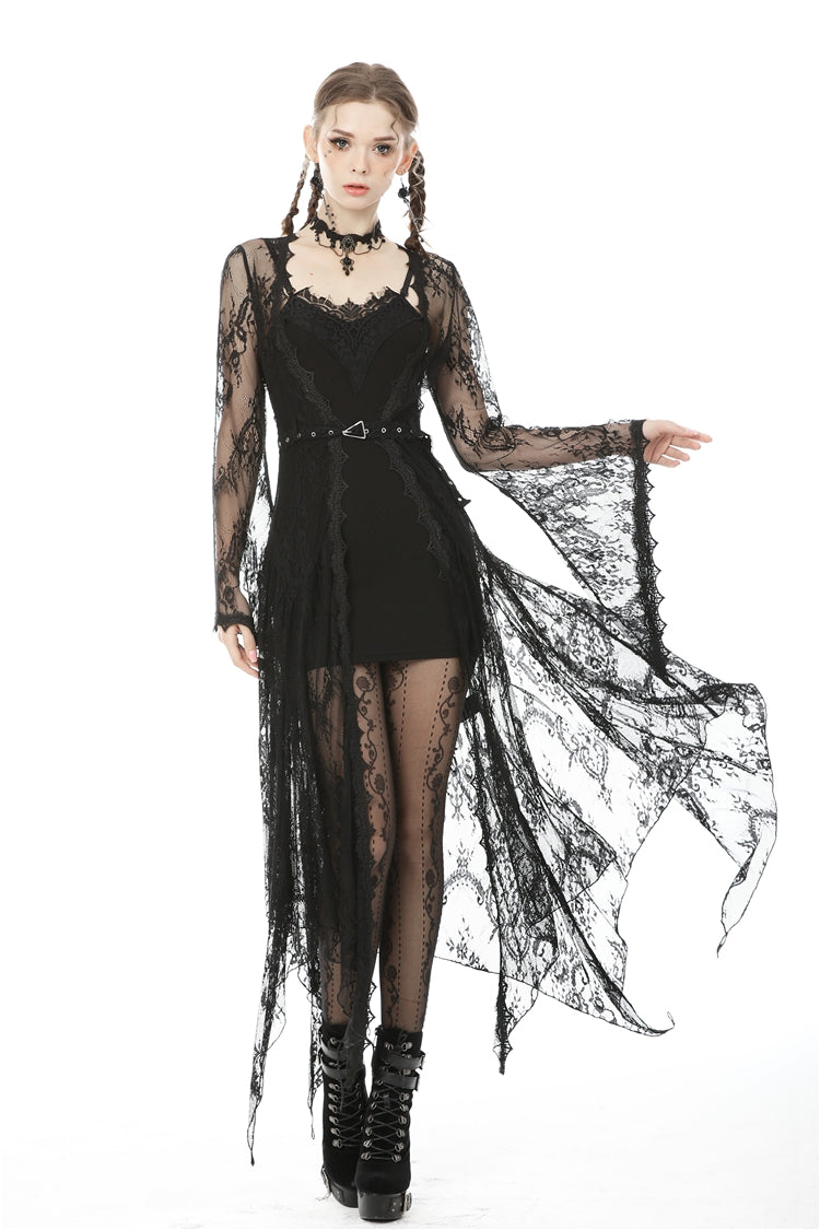 Black Long Trumpet Sleeves Sheer Floral Lace Women's Gothic Maxi Cloak with Belts - Product - 9