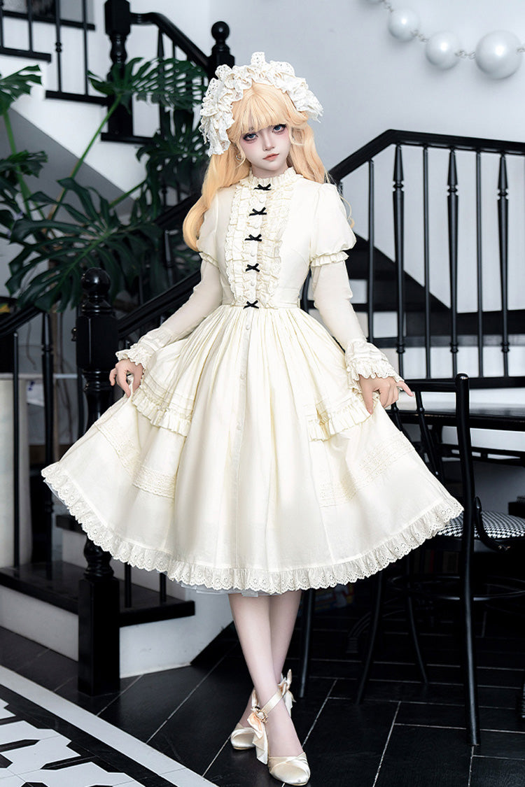Ivory [Birch Appointment] Stand Collar Long Puff Sleeves Ruffle Bowknot Sweet Lolita Dress - Product - 5