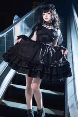 Black Lace Flying Sleeves Fish Bone Ruffle Gothic Lolita Dress - Product - 2