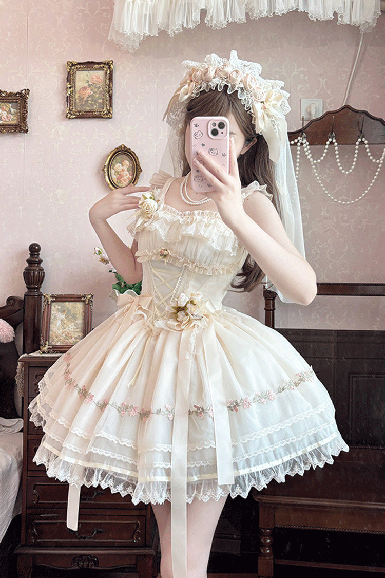 [Mist Champagne] Multi-Layered Ruffle Bowknot Lace Sweet Elegant Ballet Lolita Jsk Dress 3 Colors - Product - 6