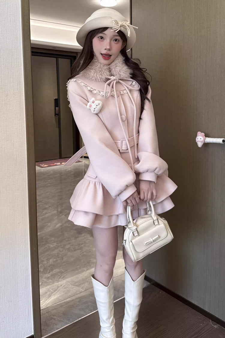Pink [Berry Champagne] Doll Collar Long Sleeves Double-Layered Ruffled Sweet Princess Lolita Wool-blend Coat - Product - 2
