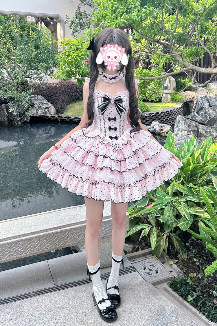 Pink Sleeveless Multi-Layered Polka Dots Printed Ruffled Bow Sweet Princess (Dress Only) detail view 7