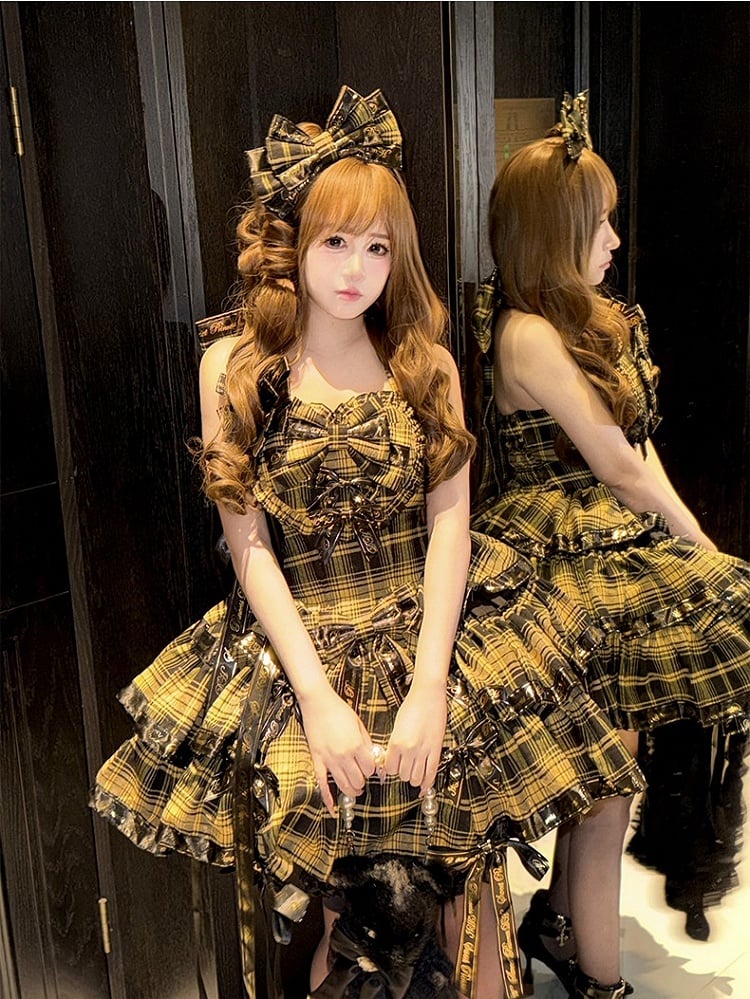 Yellow Sweet Bow Halter Plaid Lolita Dress Full Set + KC + Brooch + Hair Clip - view 7