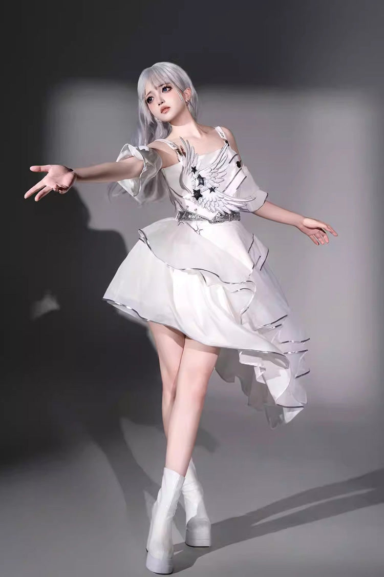 White [Silver Wings] Stand Collar Irregular Asymmetric Futuristic Style Punk Lolita Jsk Dress Set - Product - 2