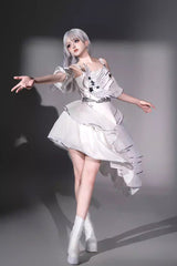 White [Silver Wings] Stand Collar Irregular Asymmetric Futuristic Style Punk Lolita Jsk Dress Set - Product - 2