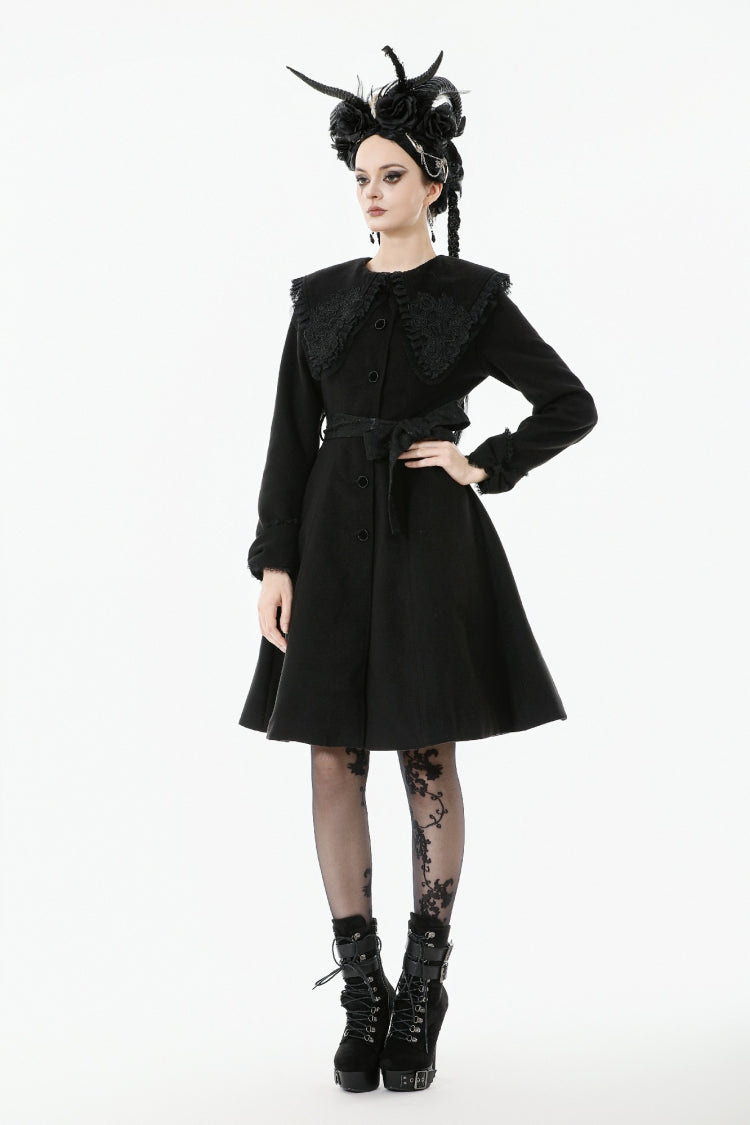 Black Floral Embroidered Peter Pan Collar Long Sleeves Bowknot Women's Gothic Coat - Product - 7
