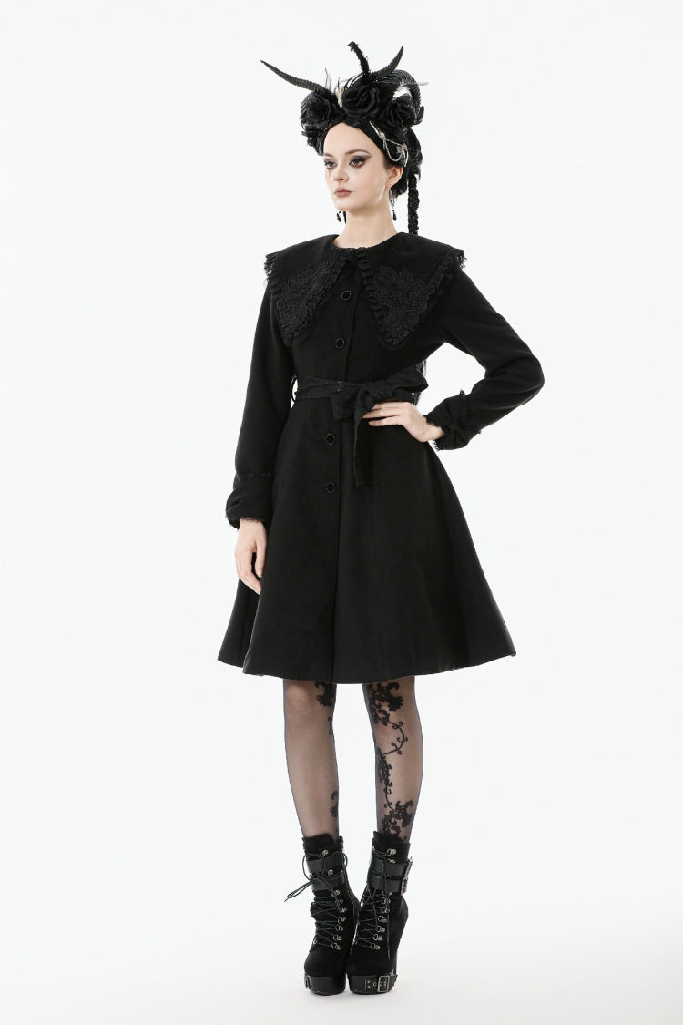 Black Floral Embroidered Peter Pan Collar Long Sleeves Bowknot Women's Gothic Coat - Product - 7