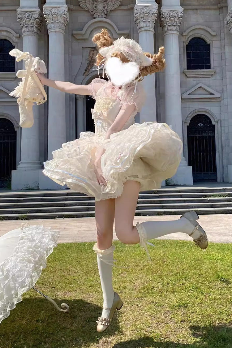 Apricot [Butterfly Heart Ballet] Triple-Layered Ruffle Bowknot Lace Sweet Ballet Lolita Jsk Dress - Product - 6