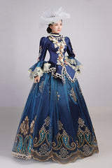 Blue Trumpet Sleeves High Waisted Three Dimensional Flower Hollow Embroidery Print Victorian Lolita Prom Dress - Product - 4