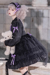 [Love Song] Long Sleeves Multi-Layered Jacquard Ruffle Bowknot Sweet Gothic Lolita Dress 3 Colors - Product - 5