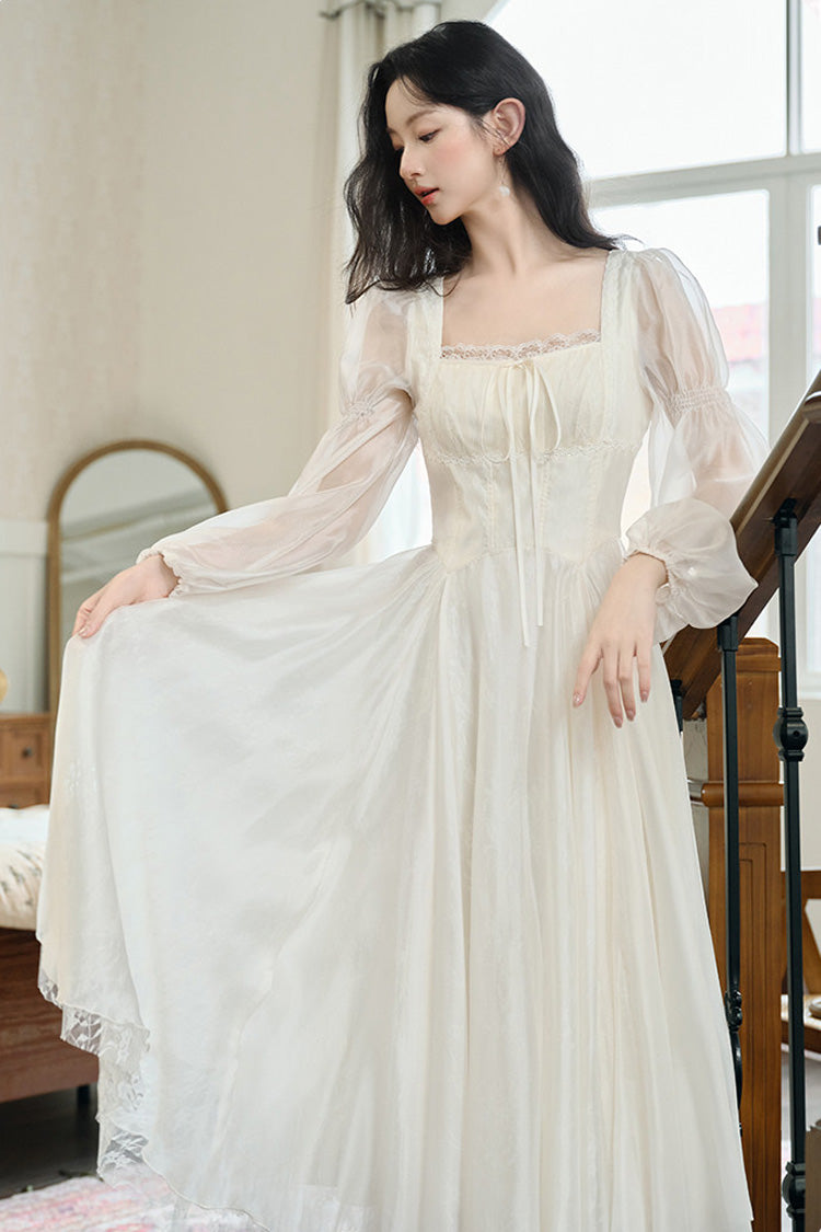 Ivory French Style Square Collar Long Sleeves Lace Classic Palace Lolita Dress - Product - 5