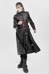 Black/Red Stand Collar Zipper Straps Eyelet Men's Punk Coat - Product - 6