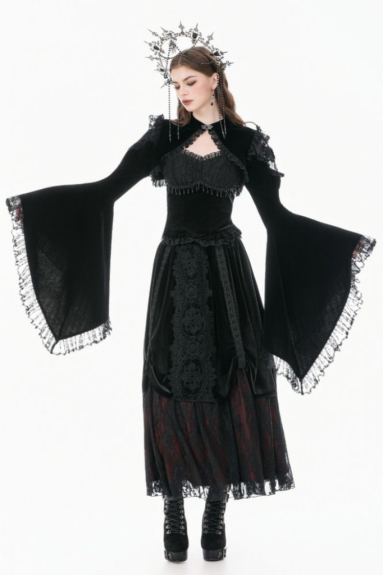 Black Ruffled Lace Long Trumpet Sleeves Floral Sheer Mesh Spliced Velvet Women's Gothic Cape - Product - 11