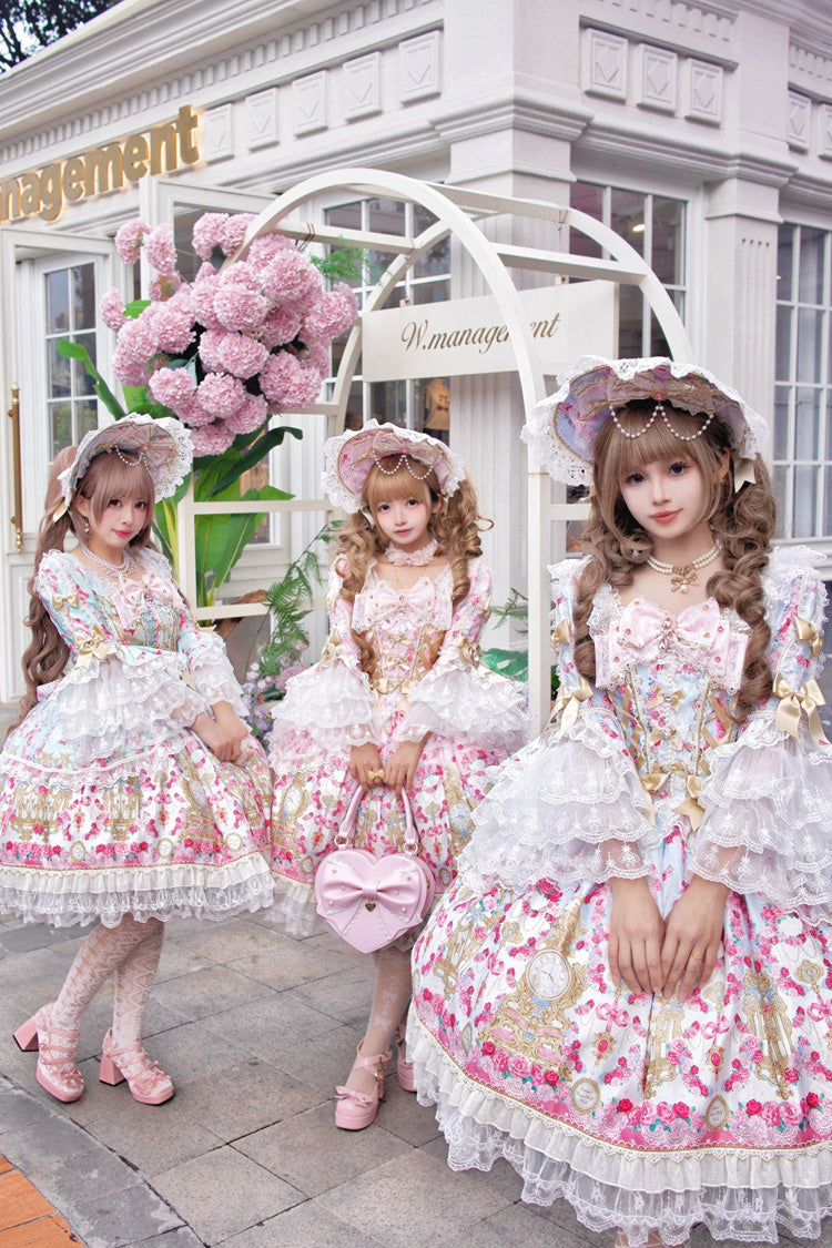 Mint Green/Pink [Rose Garden Prelude] Square Collar Long Trumpet Sleeves Printed Ruffled Bow Lace Lace-Up Sweet Lolita Dress - Product - 8